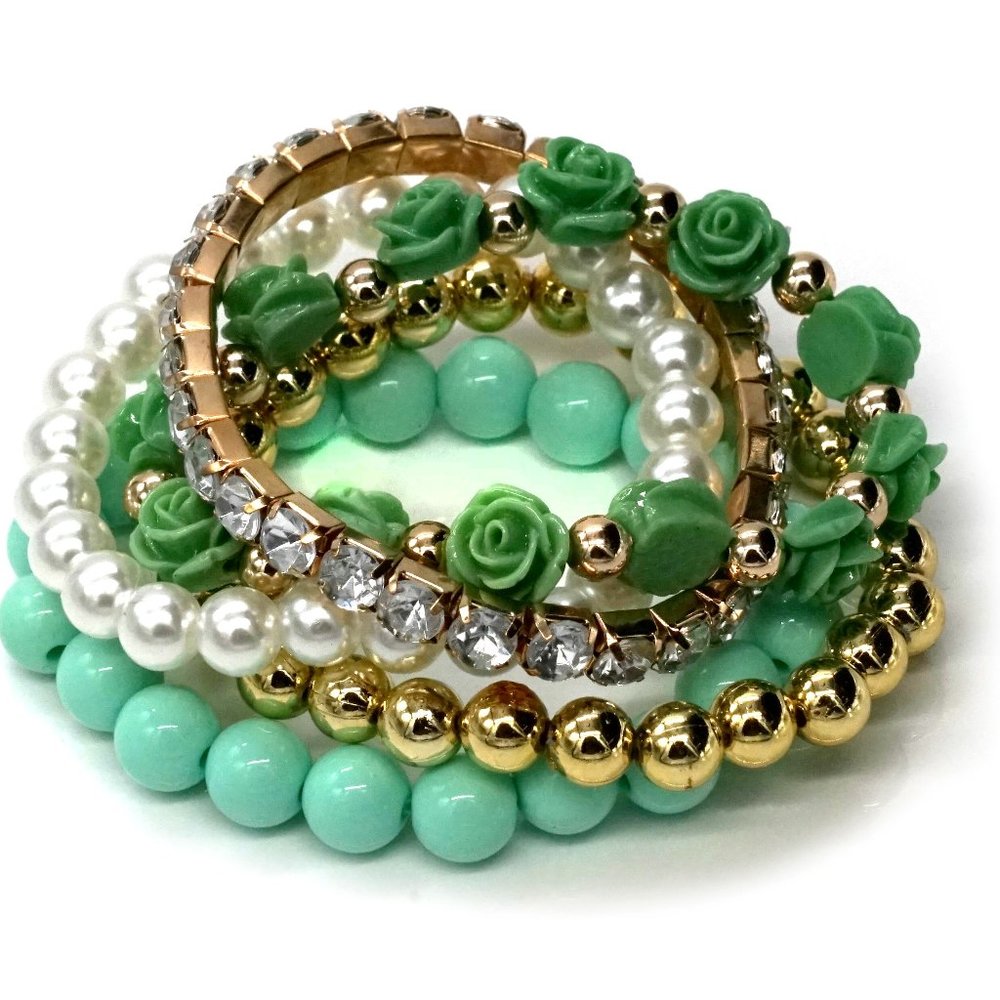 Bracelet Five Strands Stretch Green Gold Rhinestones Pearls OS. - Picture 1 of 2